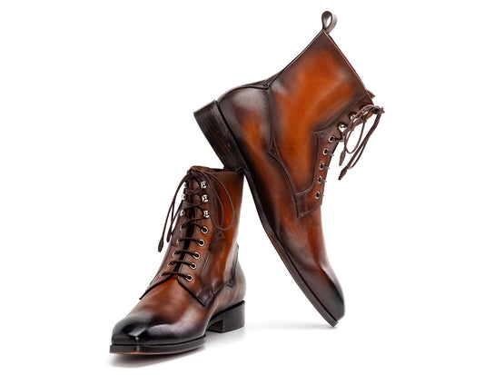 Paul Parkman Brown Burnished Leather Lace-Up Boots (BT534-BRW) for men feature a polished finish, slight heel, and hand-painted brown leather. Brand: Paul Parkman. Displayed on a white background.