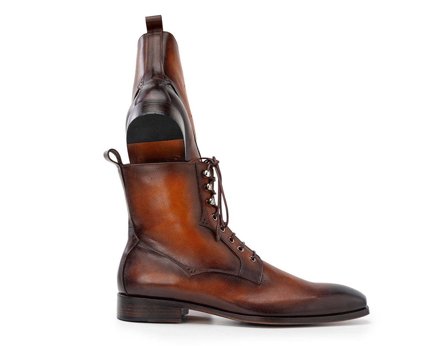 Paul Parkman Brown Burnished Leather Lace-Up Boots (BT534-BRW) for men feature a polished finish, slight heel, and hand-painted brown leather. Brand: Paul Parkman. Displayed on a white background.
