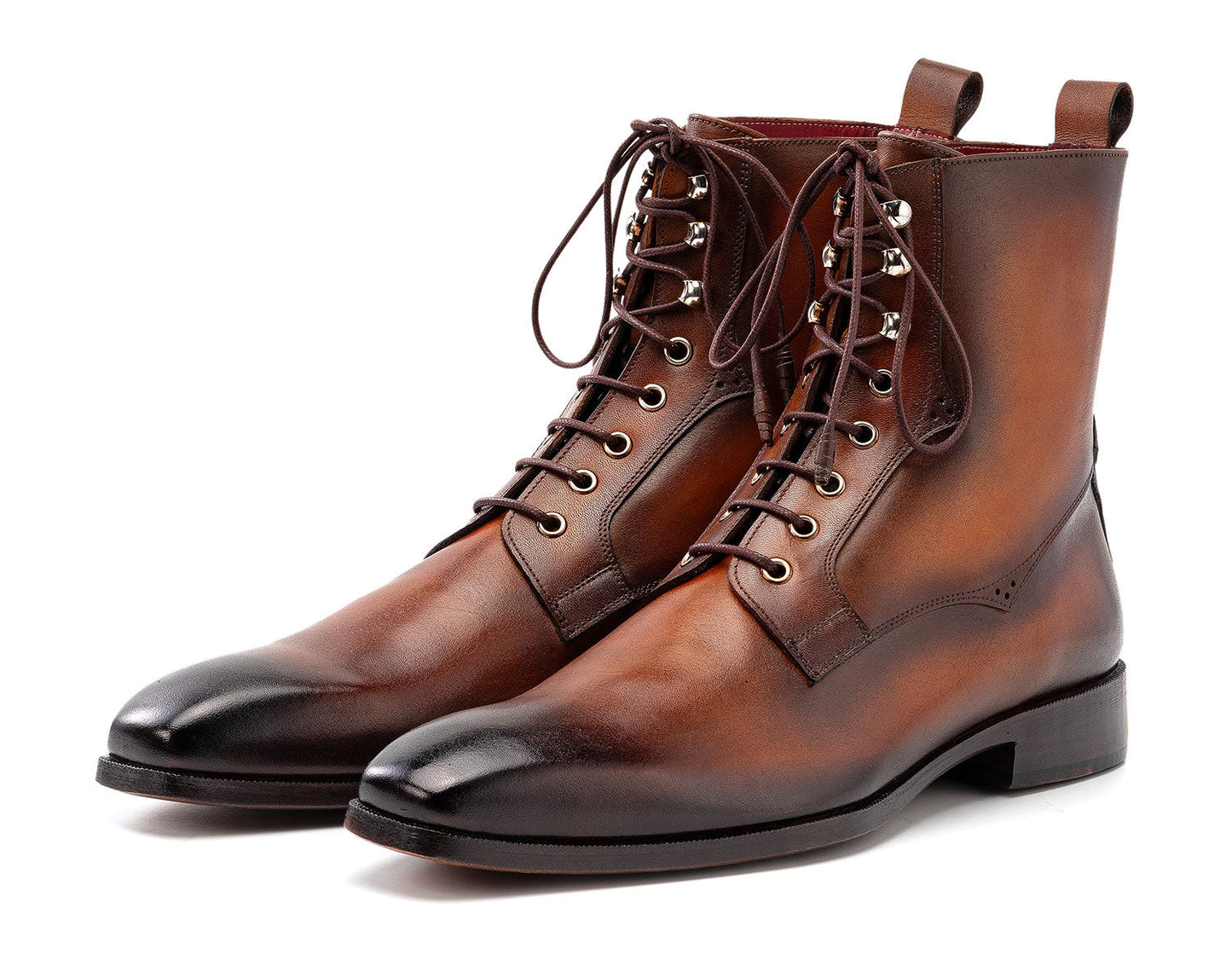 Paul Parkman Brown Burnished Leather Lace-Up Boots (BT534-BRW) for men feature a polished finish, slight heel, and hand-painted brown leather. Brand: Paul Parkman. Displayed on a white background.