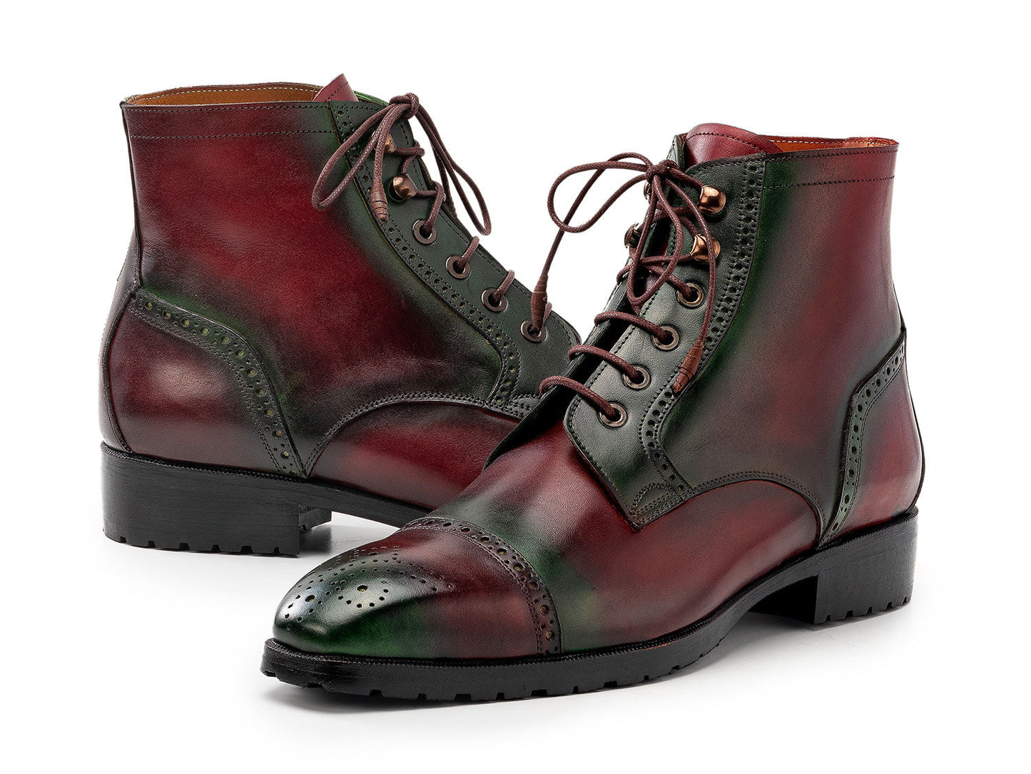 Paul Parkman Green & Brown Hand-Painted Cap Toe Boots (BT9566-BRG) for men, featuring brogue detailing, black soles, and brown laces—one boot upright and the other leaning against it.