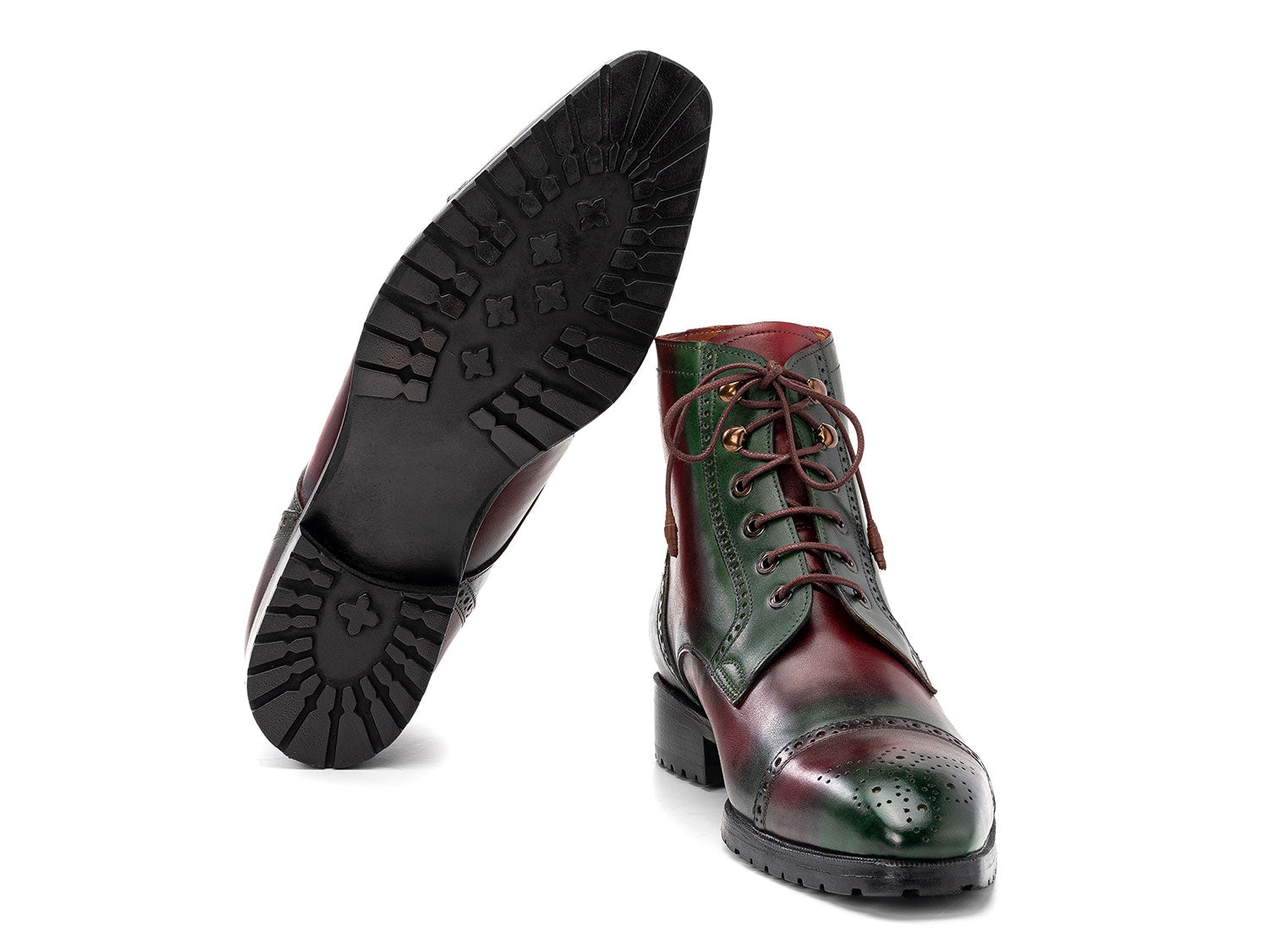 Paul Parkman Green & Brown Hand-Painted Cap Toe Boots (BT9566-BRG) for men, featuring brogue detailing, black soles, and brown laces—one boot upright and the other leaning against it.