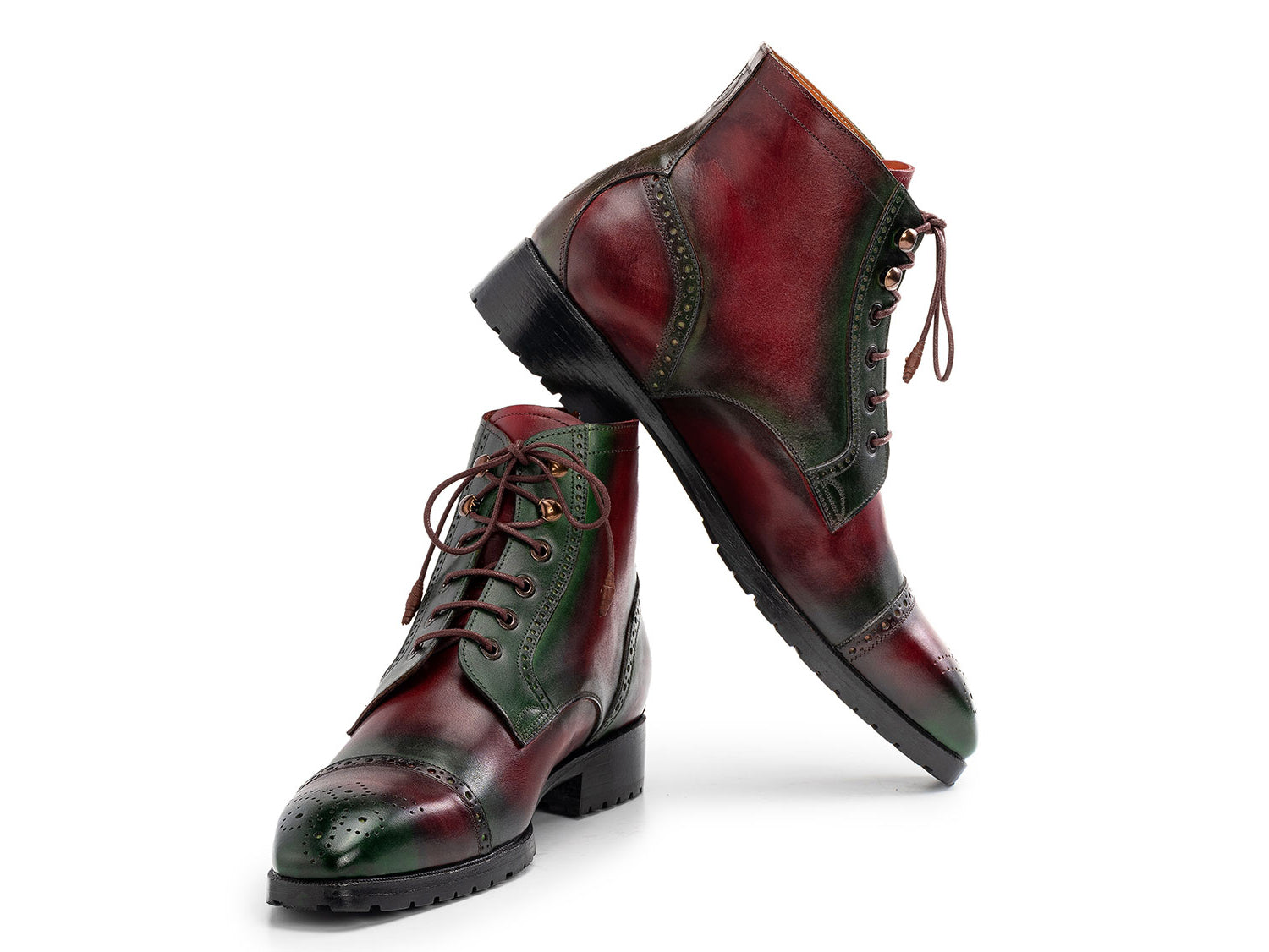 Paul Parkman Green & Brown Hand-Painted Cap Toe Boots (BT9566-BRG) for men, featuring brogue detailing, black soles, and brown laces—one boot upright and the other leaning against it.