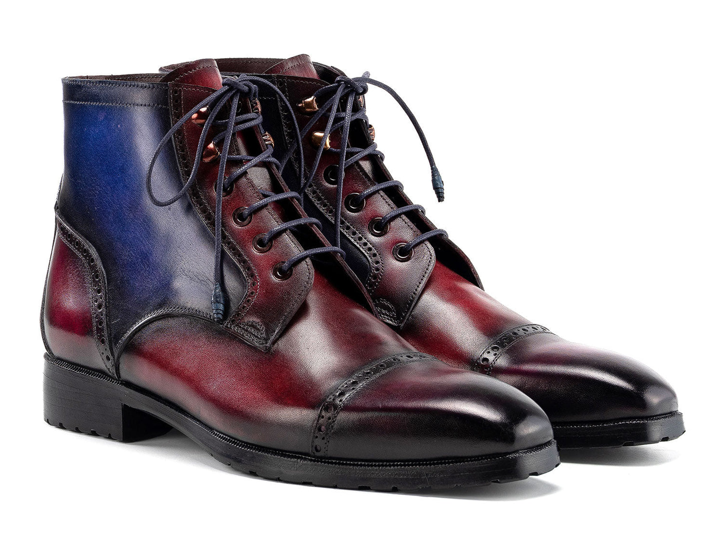 The Paul Parkman Men's Multicolor Hand-Painted Cap Toe Boots (BT9566-MLT) feature blue and burgundy gradient leather, black rubber soles, laces, and brogue details. Shown on a white background.