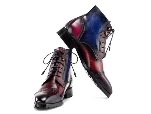 The Paul Parkman Men's Multicolor Hand-Painted Cap Toe Boots (BT9566-MLT) feature blue and burgundy gradient leather, black rubber soles, laces, and brogue details. Shown on a white background.