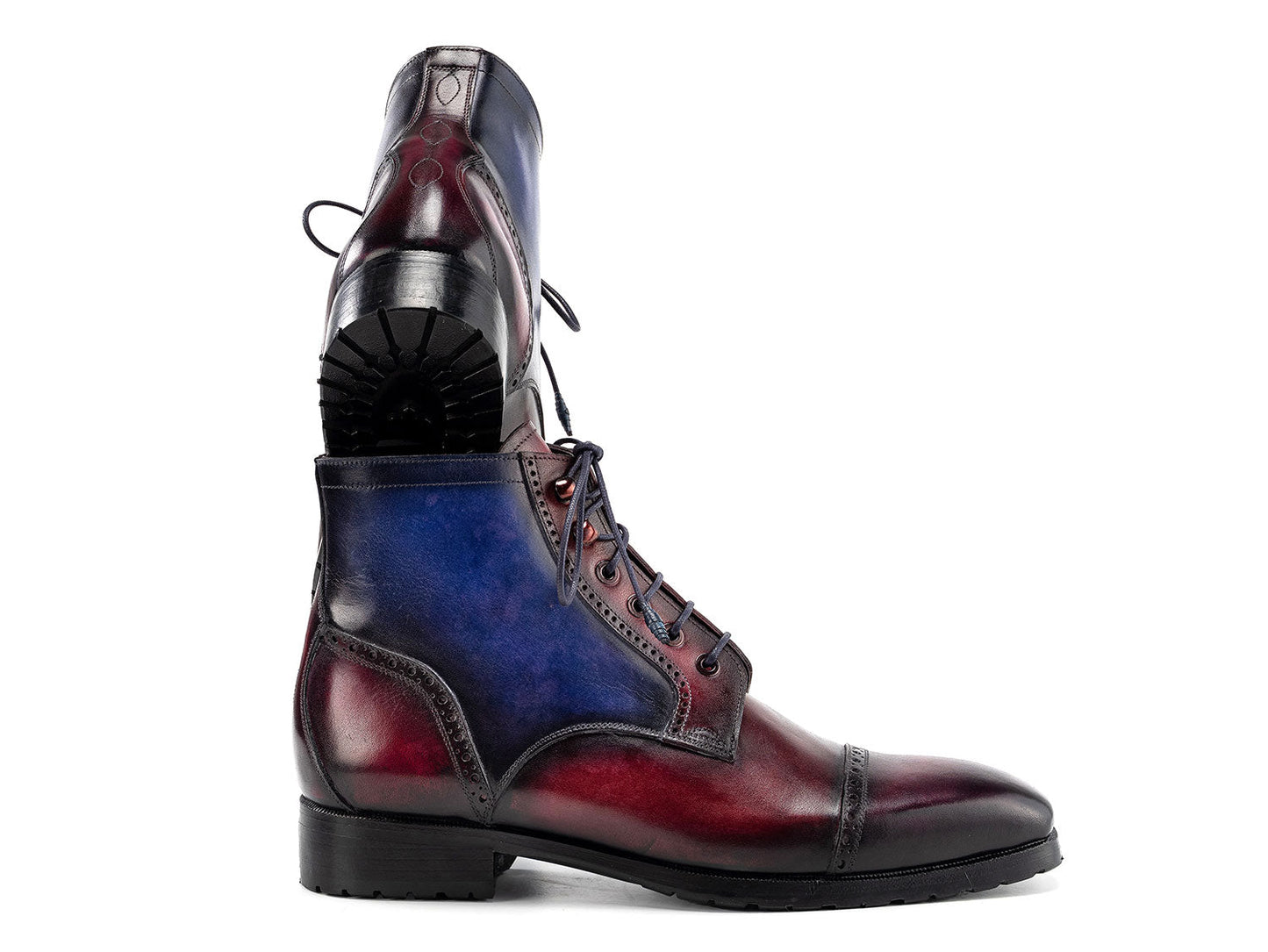 The Paul Parkman Men's Multicolor Hand-Painted Cap Toe Boots (BT9566-MLT) feature blue and burgundy gradient leather, black rubber soles, laces, and brogue details. Shown on a white background.