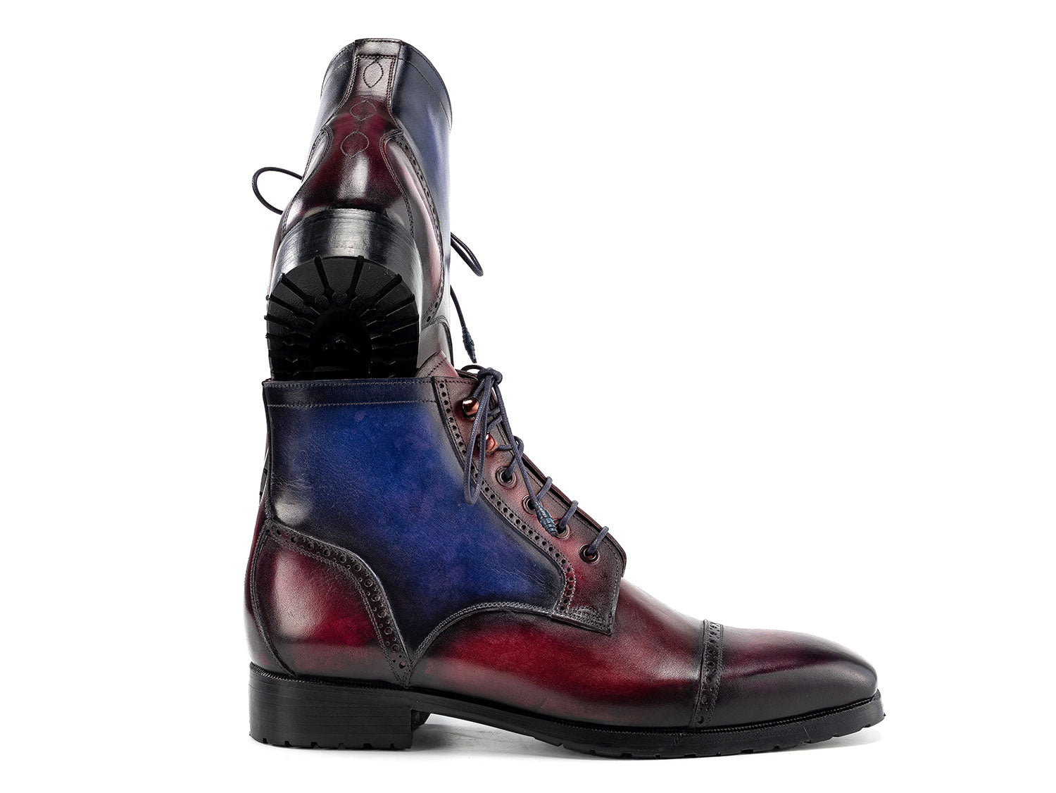 The Paul Parkman Men's Multicolor Hand-Painted Cap Toe Boots (BT9566-MLT) feature blue and burgundy gradient leather, black rubber soles, laces, and brogue details. Shown on a white background.