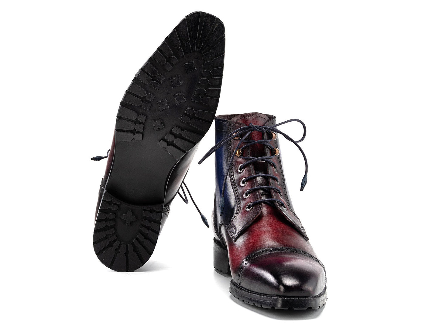The Paul Parkman Men's Multicolor Hand-Painted Cap Toe Boots (BT9566-MLT) feature blue and burgundy gradient leather, black rubber soles, laces, and brogue details. Shown on a white background.