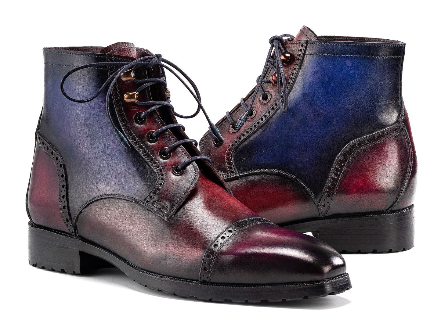 The Paul Parkman Men's Multicolor Hand-Painted Cap Toe Boots (BT9566-MLT) feature blue and burgundy gradient leather, black rubber soles, laces, and brogue details. Shown on a white background.