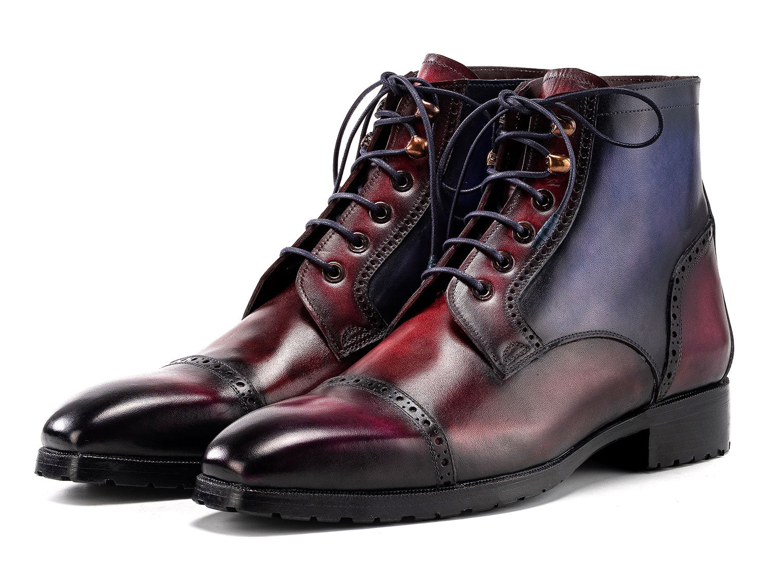 The Paul Parkman Men's Multicolor Hand-Painted Cap Toe Boots (BT9566-MLT) feature blue and burgundy gradient leather, black rubber soles, laces, and brogue details. Shown on a white background.