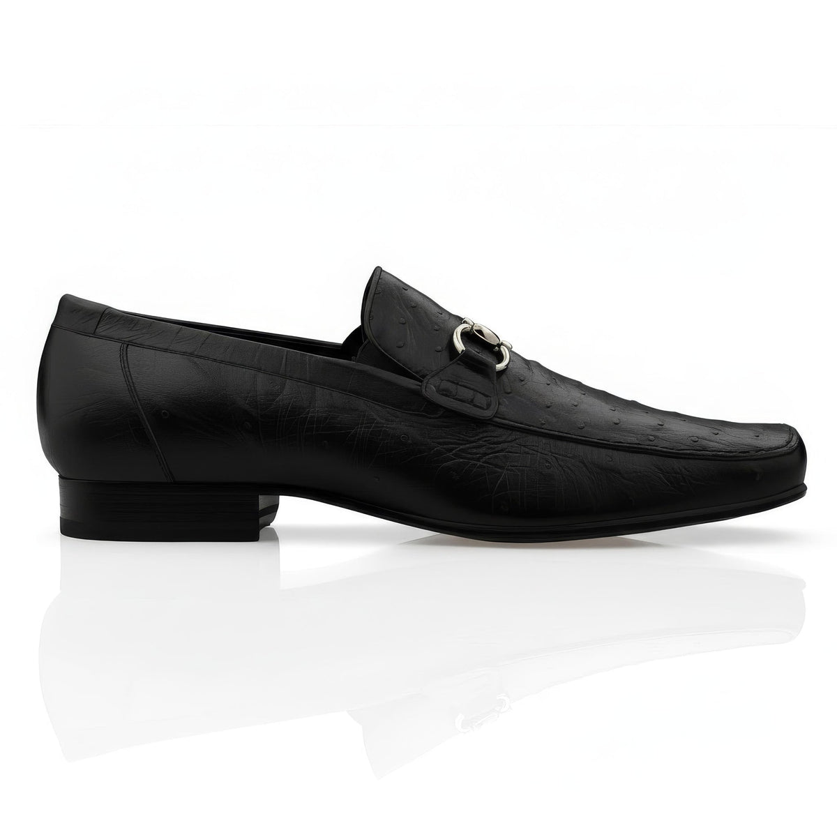 Black Belvedere - Bartolo, Genuine Ostrich Dress Shoe - 1026OB dress loafer featuring a silver-tone metal horsebit detail on the vamp.