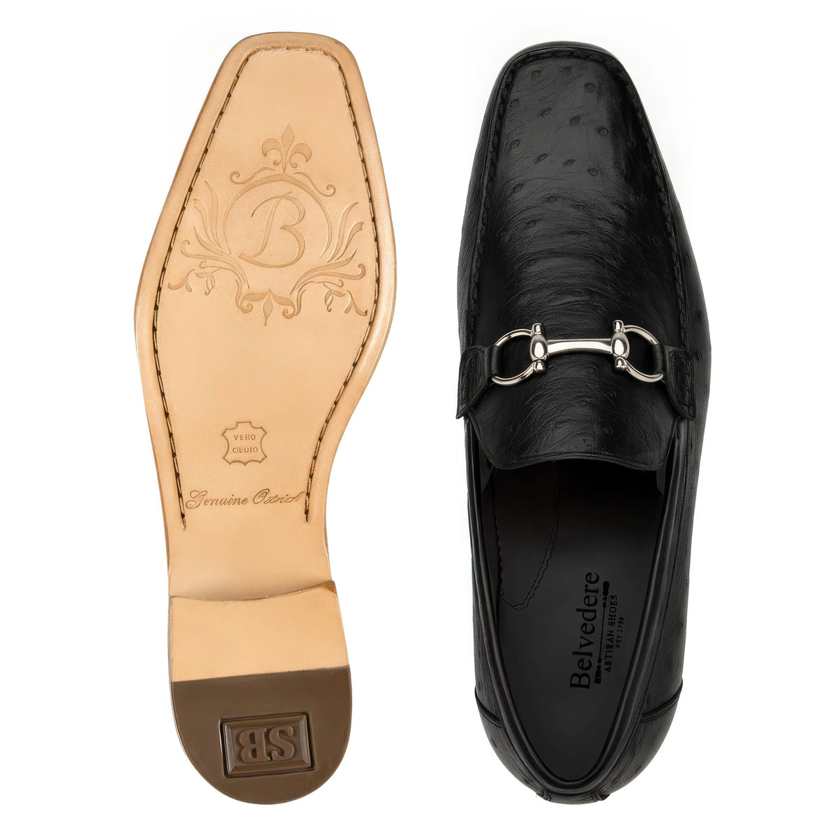 Black Belvedere - Bartolo, Genuine Ostrich Dress Shoe - 1026OB dress loafer featuring a silver-tone metal horsebit detail on the vamp.