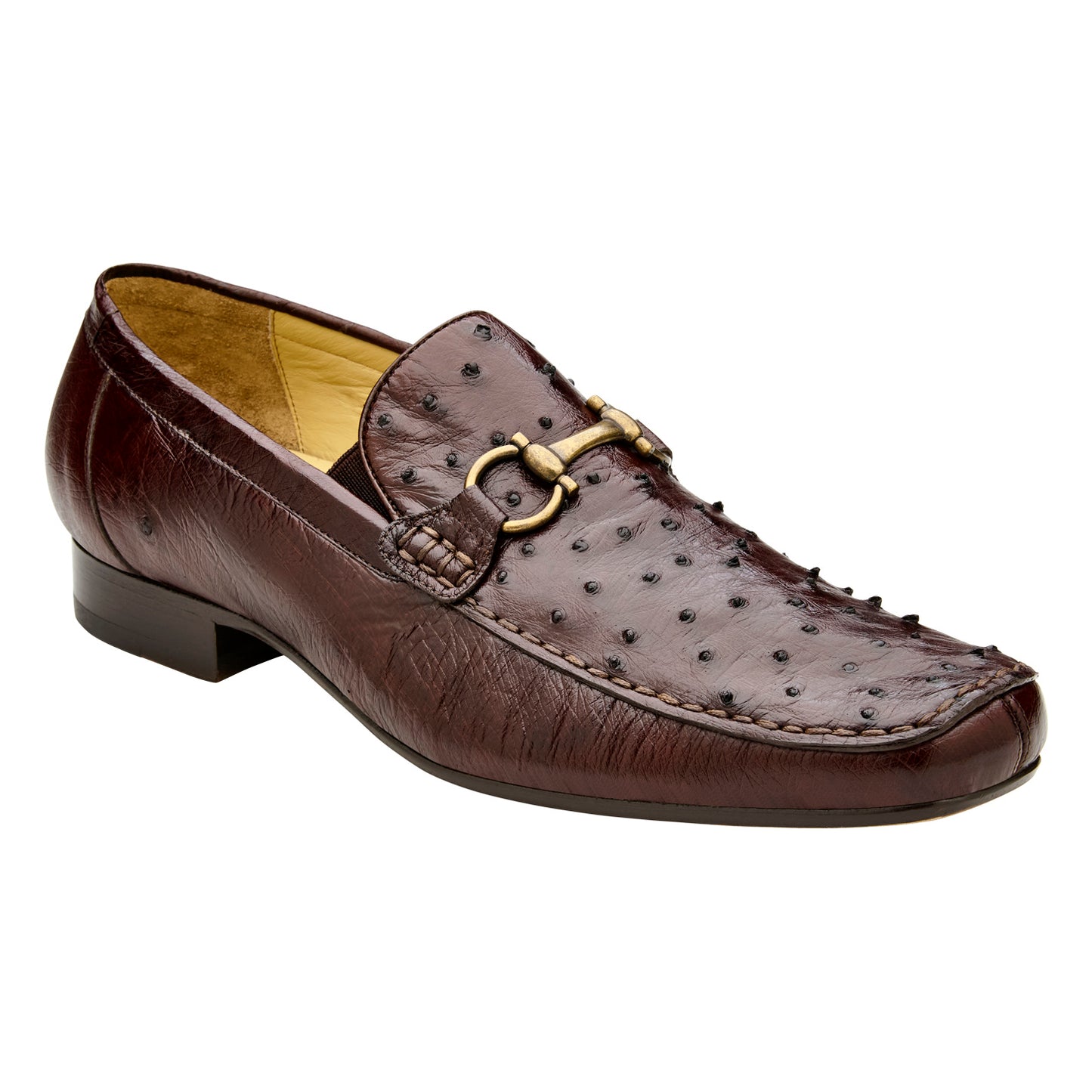 The BELVEDERE Bartolo Genuine Ostrich Dress Shoe in brown (1026OB) features a textured upper, metal bit detail, low heel, and is shown in side profile.