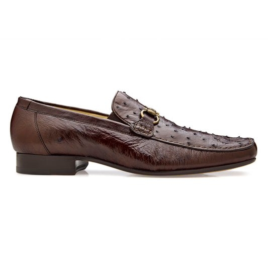 The BELVEDERE Bartolo Genuine Ostrich Dress Shoe in brown (1026OB) features a textured upper, metal bit detail, low heel, and is shown in side profile.