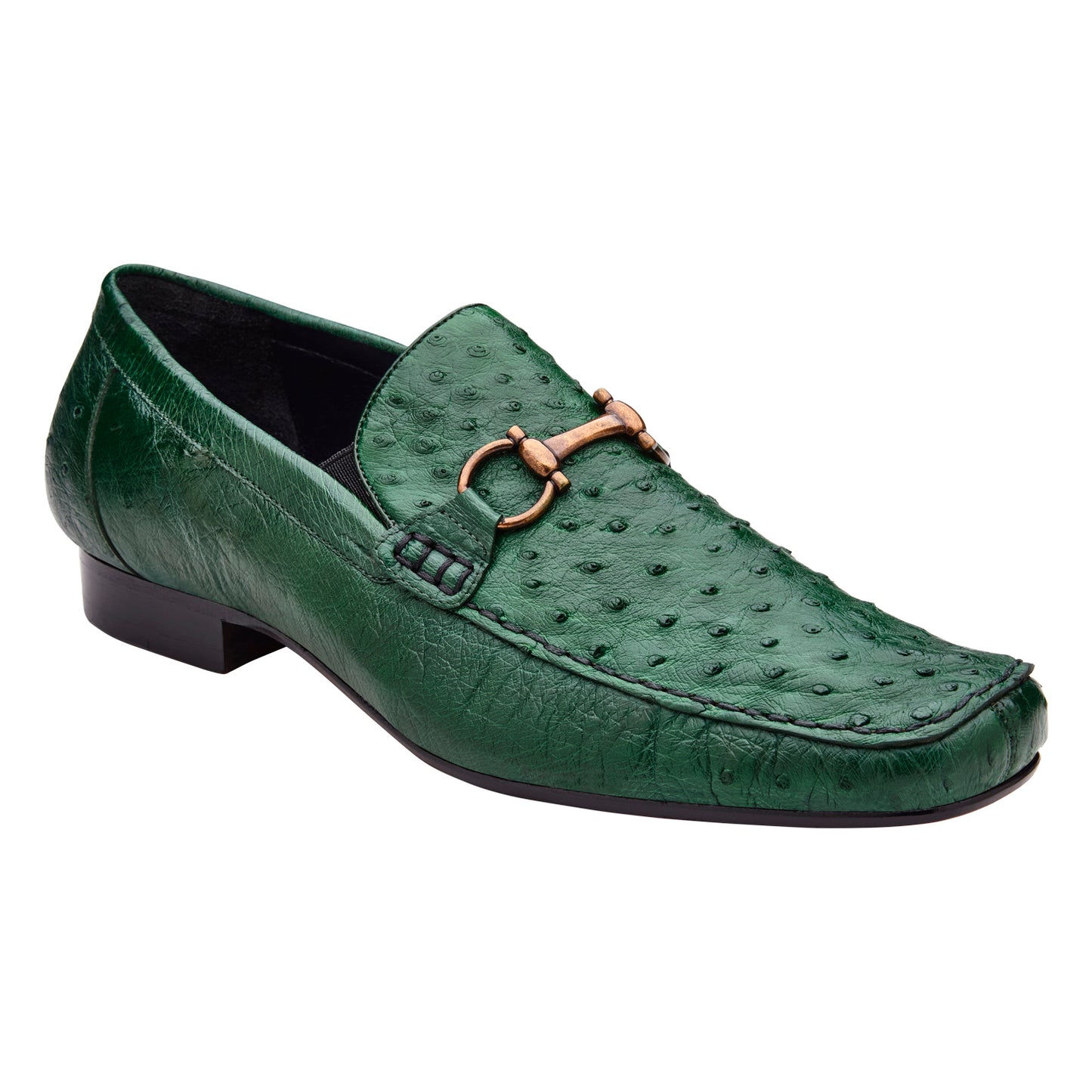 The BELVEDERE Bartolo Genuine Ostrich Dress Shoe in Forest features a green ostrich leather upper, gold buckle detail, textured pattern, and a low black heel, shown in a side profile.