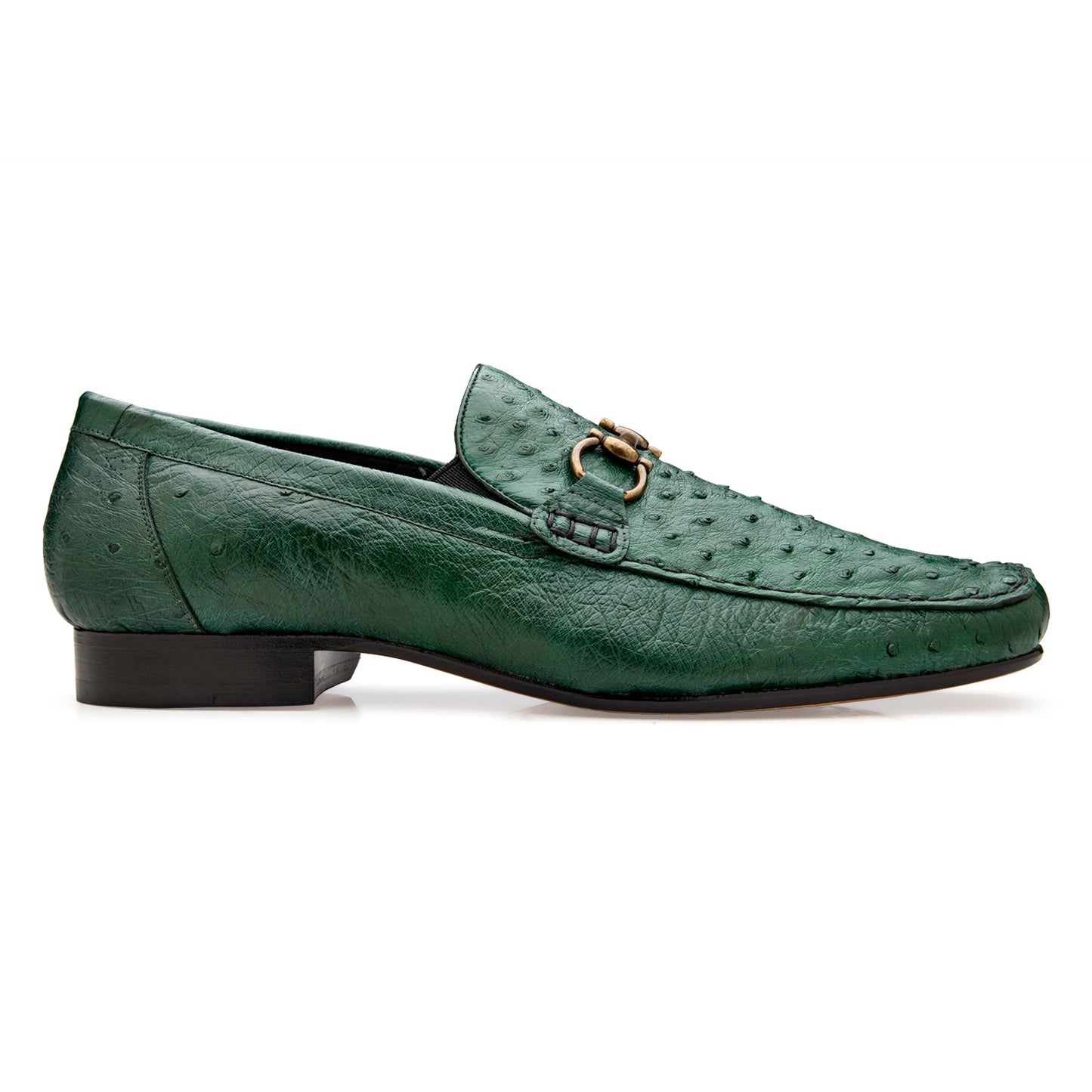 The BELVEDERE Bartolo Genuine Ostrich Dress Shoe in Forest features a green ostrich leather upper, gold buckle detail, textured pattern, and a low black heel, shown in a side profile.