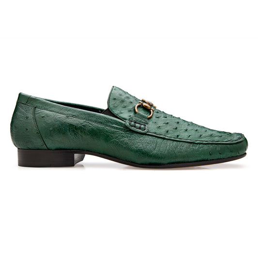 The BELVEDERE Bartolo Genuine Ostrich Dress Shoe in Forest features a green ostrich leather upper, gold buckle detail, textured pattern, and a low black heel, shown in a side profile.