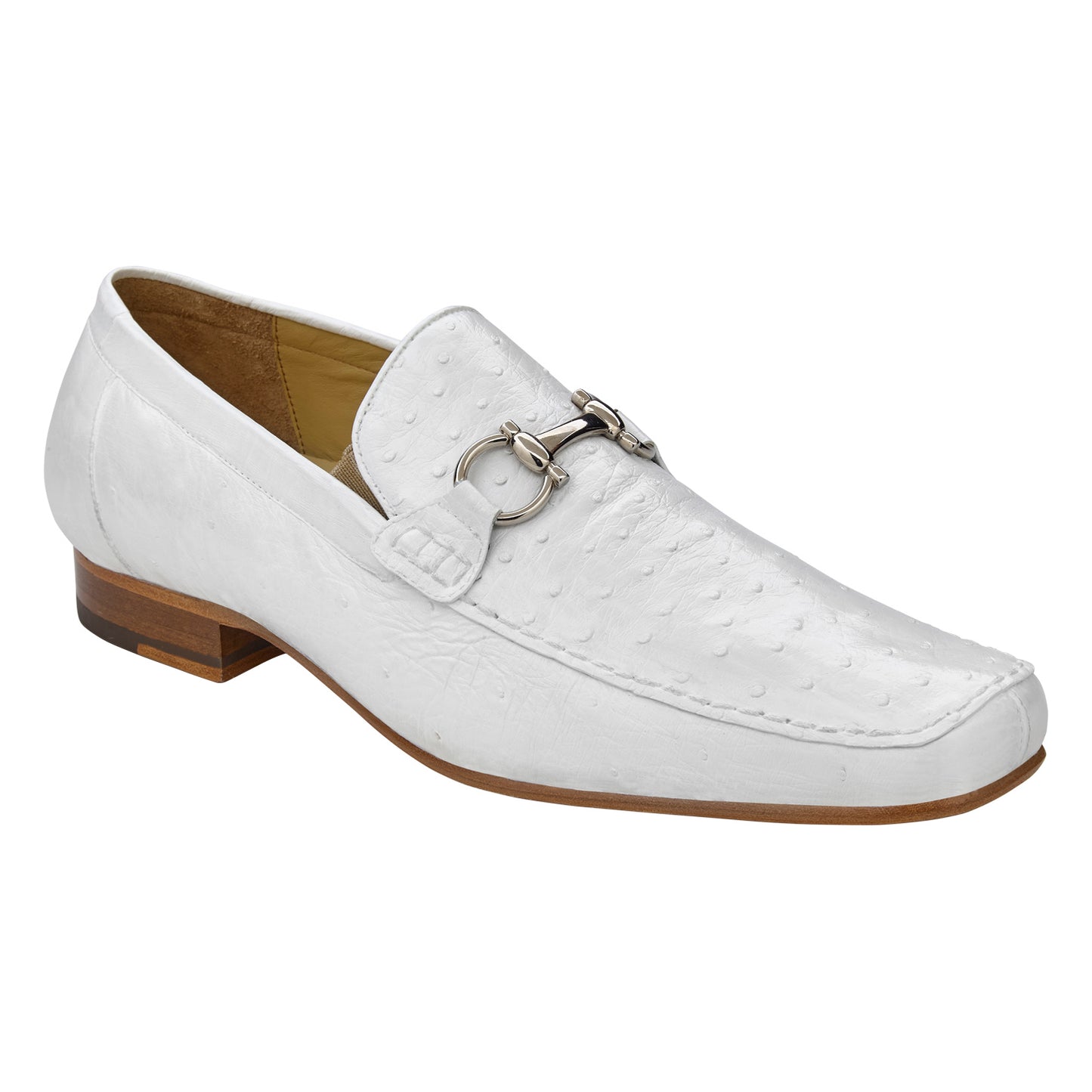 The BELVEDERE Belvedere - Bartolo, Genuine Ostrich Dress Shoe in white (1026OB) features full leather construction, a low wooden heel, and a silver buckle detail on the vamp, shown in side profile.