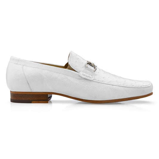 The BELVEDERE Belvedere - Bartolo, Genuine Ostrich Dress Shoe in white (1026OB) features full leather construction, a low wooden heel, and a silver buckle detail on the vamp, shown in side profile.