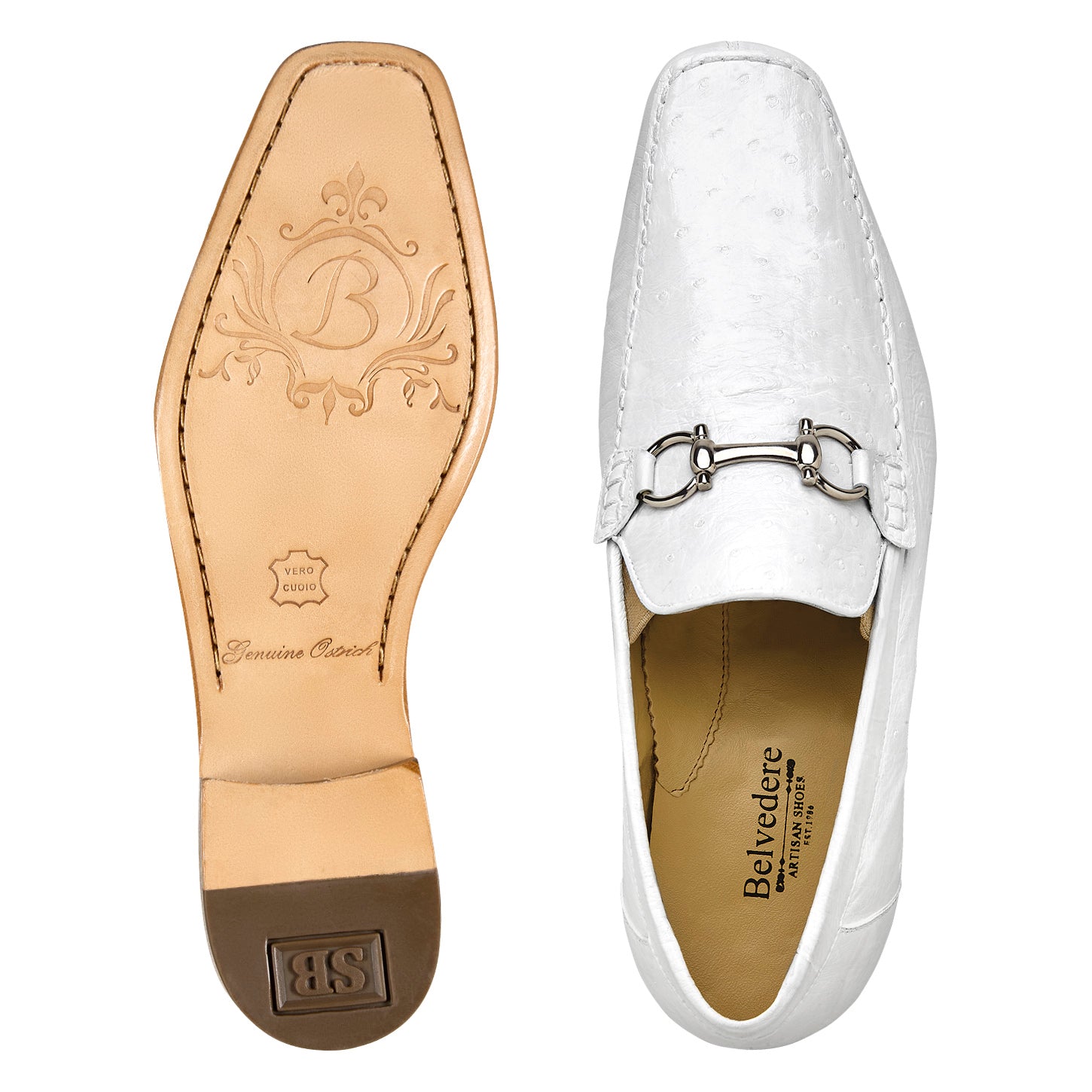 The BELVEDERE Belvedere - Bartolo, Genuine Ostrich Dress Shoe in white (1026OB) features full leather construction, a low wooden heel, and a silver buckle detail on the vamp, shown in side profile.