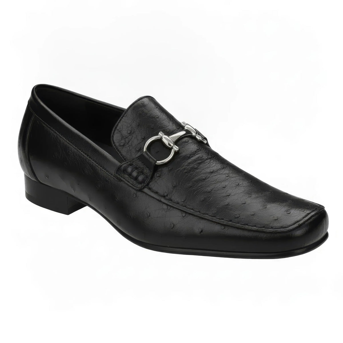 Black Belvedere - Bartolo, Genuine Ostrich Dress Shoe - 1026OB dress loafer featuring a silver-tone metal horsebit detail on the vamp.