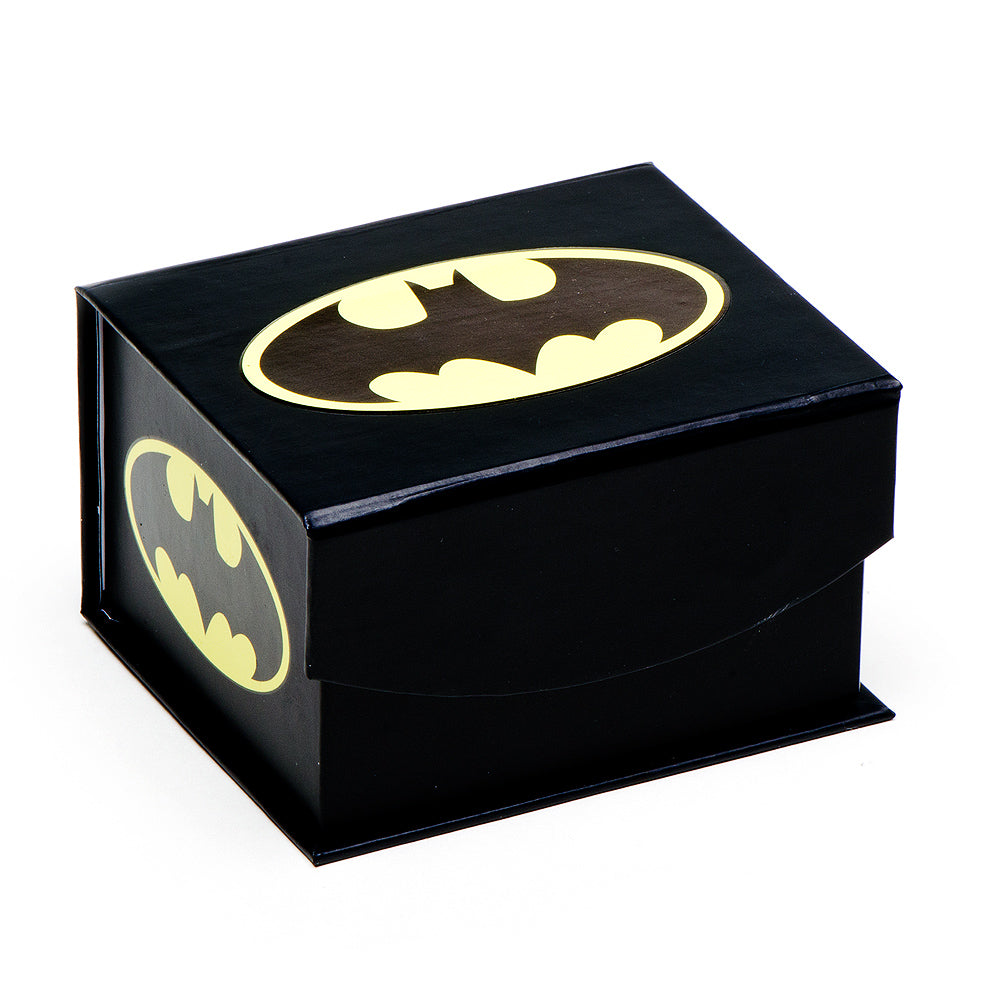 DC Batman Logo Satin Black Cufflinks by Cufflinks.com feature the iconic emblem on one cufflink and the "DC COMICS ORIGINALS" logo on the other—perfect for true DC Comics fans.