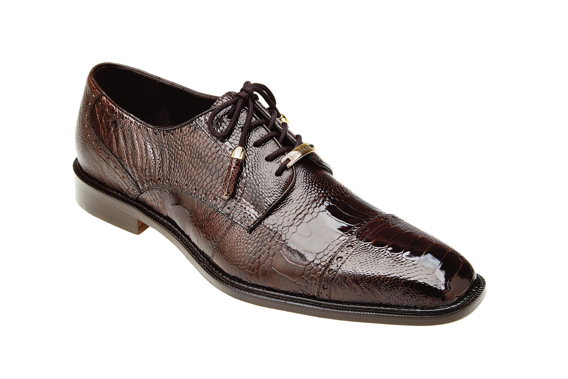 A genuine ostrich leather dress shoe, the Belvedere Batta, in chocolate with a crocodile texture and cap toe lace-up design, displayed on a white background.