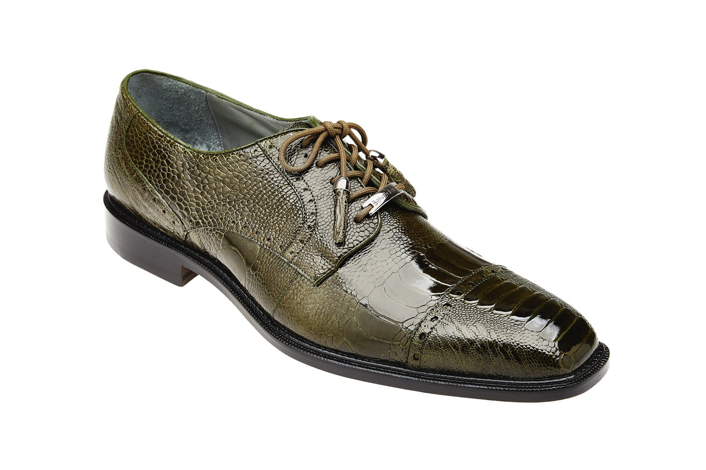 The Belvedere Batta, a genuine ostrich leather dress shoe in olive, features a textured pattern and cap toe lace-up design with a black sole, shown in a side view. Model Number: 14006 (IN STORE).