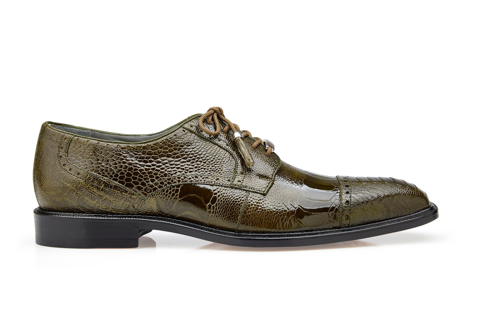 The Belvedere Batta, a genuine ostrich leather dress shoe in olive, features a textured pattern and cap toe lace-up design with a black sole, shown in a side view. Model Number: 14006 (IN STORE).