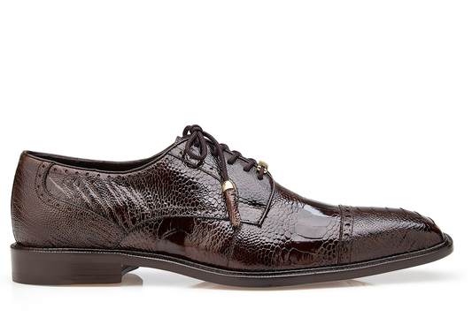 A genuine ostrich leather dress shoe, the Belvedere Batta, in chocolate with a crocodile texture and cap toe lace-up design, displayed on a white background.