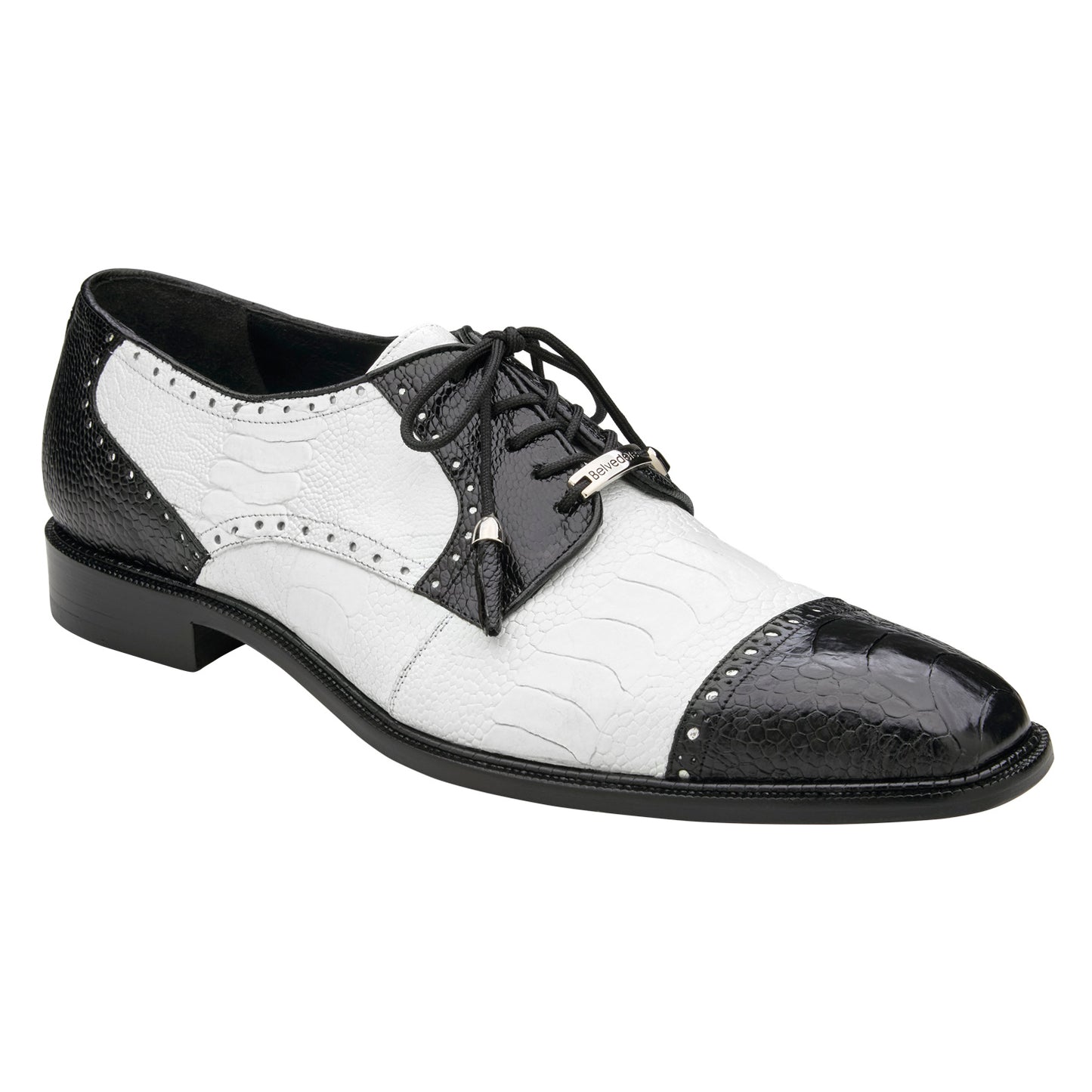 The BELVEDERE Belvedere - Batta (14006) is a black and white genuine ostrich leather dress shoe featuring cap toe design, lace-up closure, textured and smooth panels, and decorative perforations—a standout in luxury men's footwear.