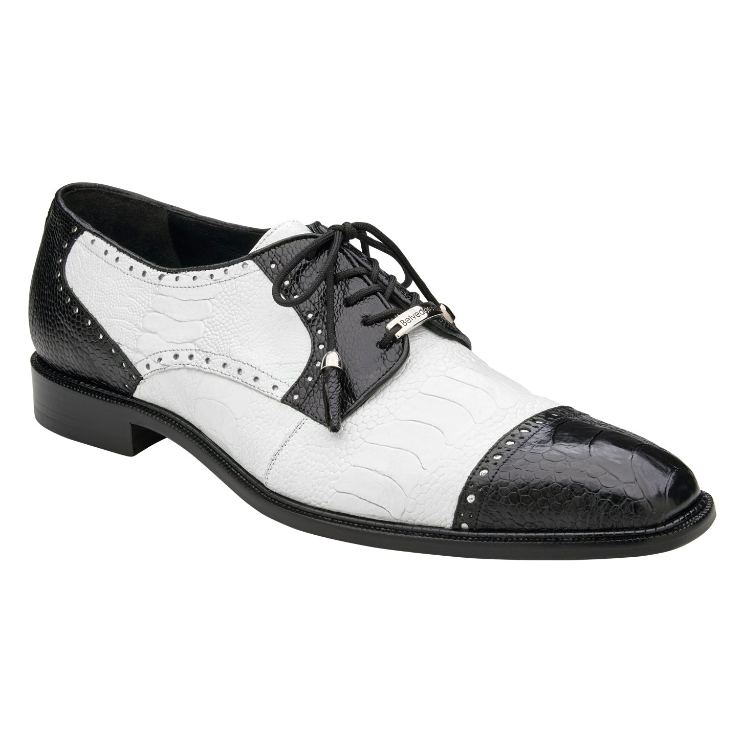 The BELVEDERE Belvedere - Batta (14006) is a black and white genuine ostrich leather dress shoe featuring cap toe design, lace-up closure, textured and smooth panels, and decorative perforations—a standout in luxury men's footwear.