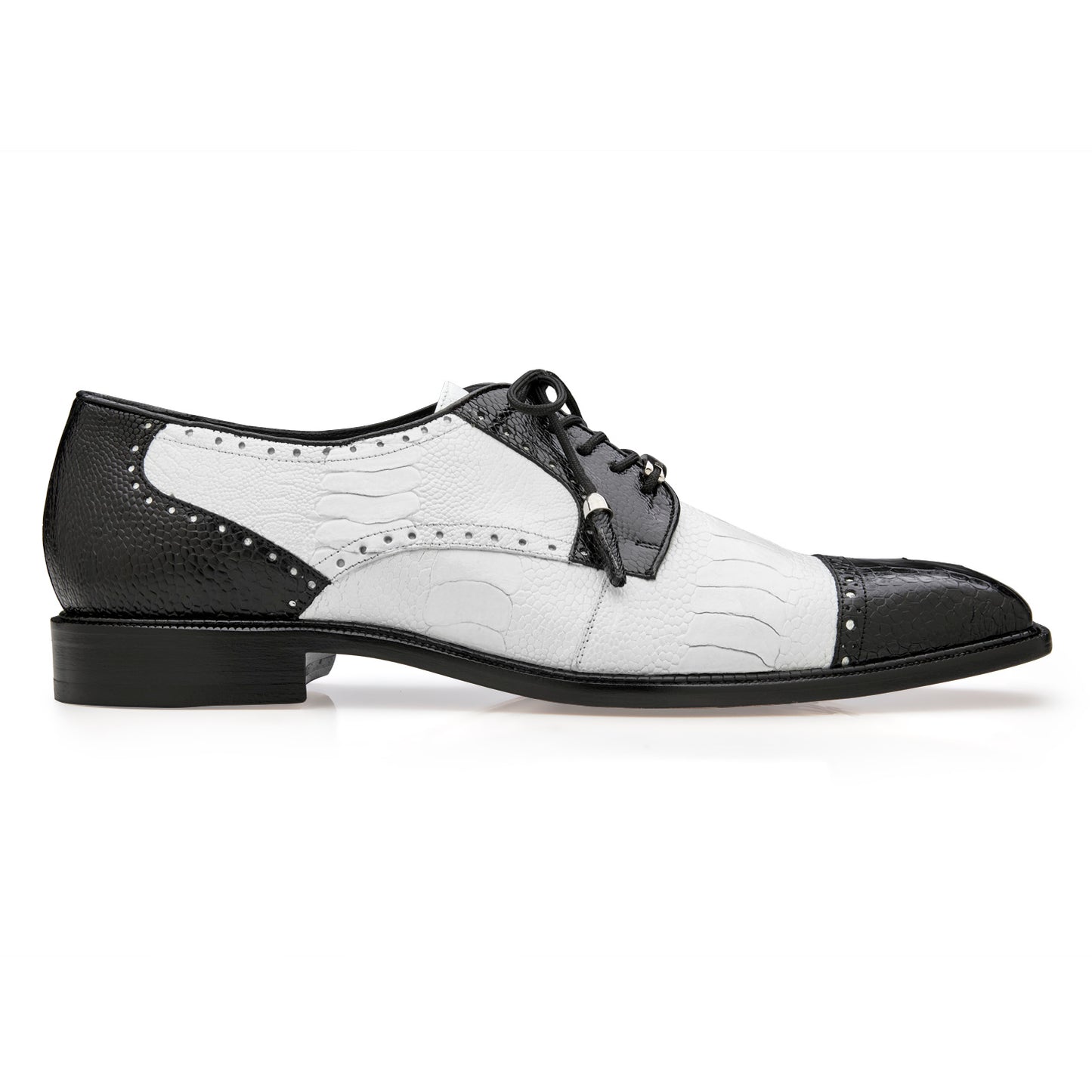 The BELVEDERE Belvedere - Batta (14006) is a black and white genuine ostrich leather dress shoe featuring cap toe design, lace-up closure, textured and smooth panels, and decorative perforations—a standout in luxury men's footwear.