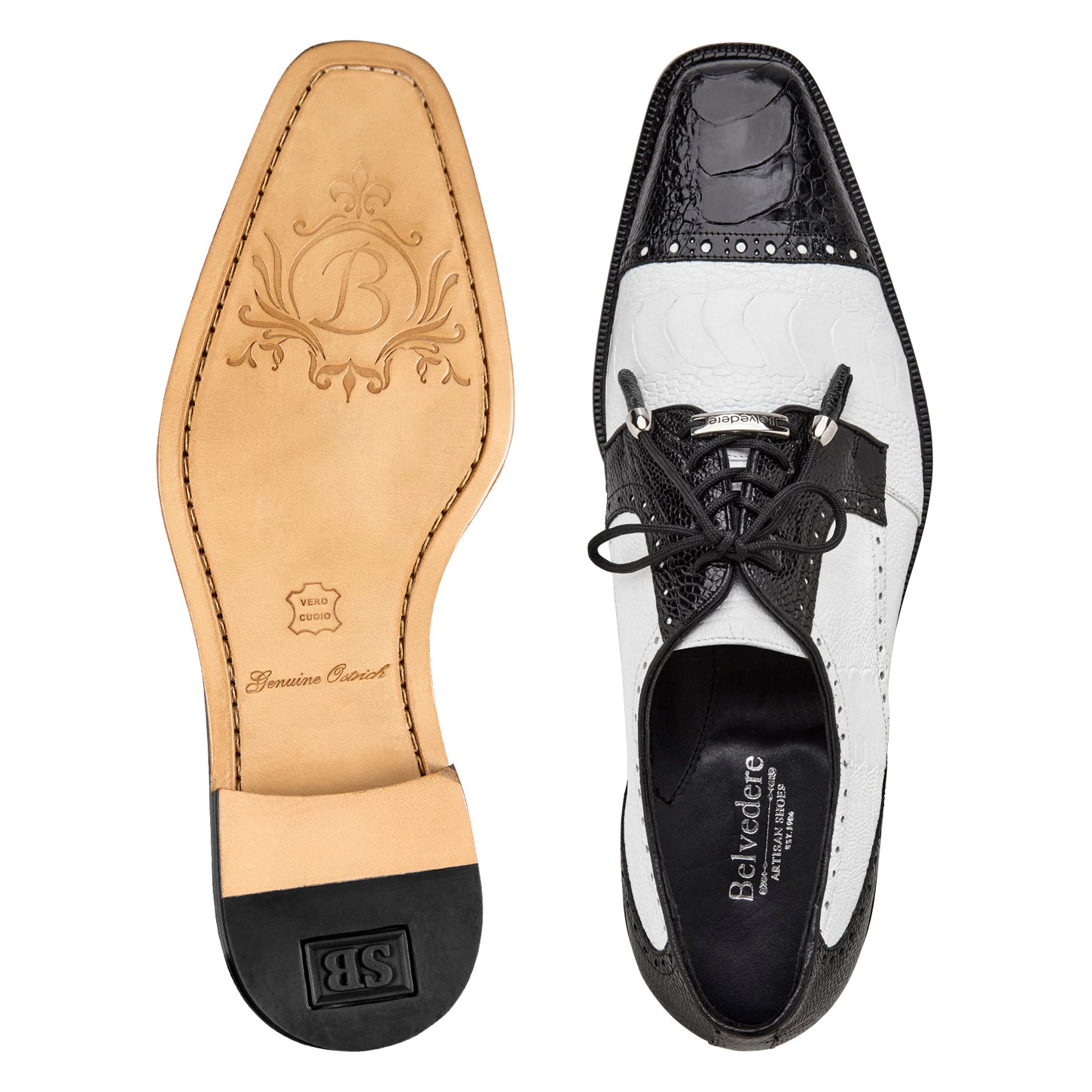 The BELVEDERE Belvedere - Batta (14006) is a black and white genuine ostrich leather dress shoe featuring cap toe design, lace-up closure, textured and smooth panels, and decorative perforations—a standout in luxury men's footwear.