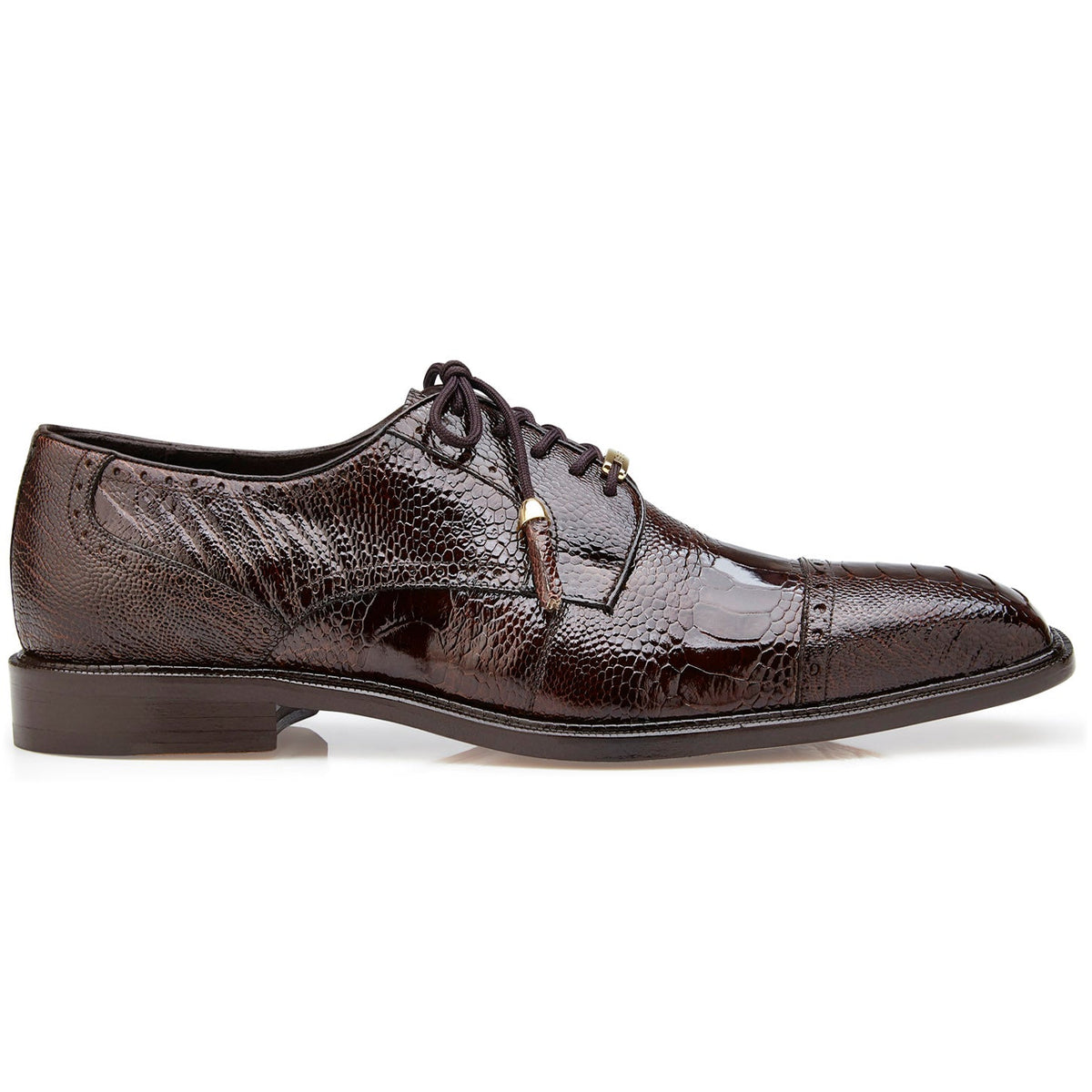 Brown Belvedere - Batta, Genuine Ostrich Leather Dress Shoe with a textured, cap toe lace-up design.