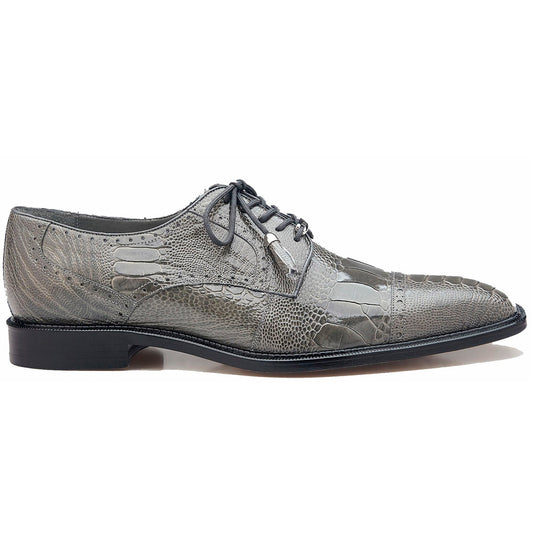 The BELVEDERE Batta is a gray genuine ostrich leather dress shoe (14006) with a cap toe, lace-up design, and low black heel, shown in a side view on a white background.