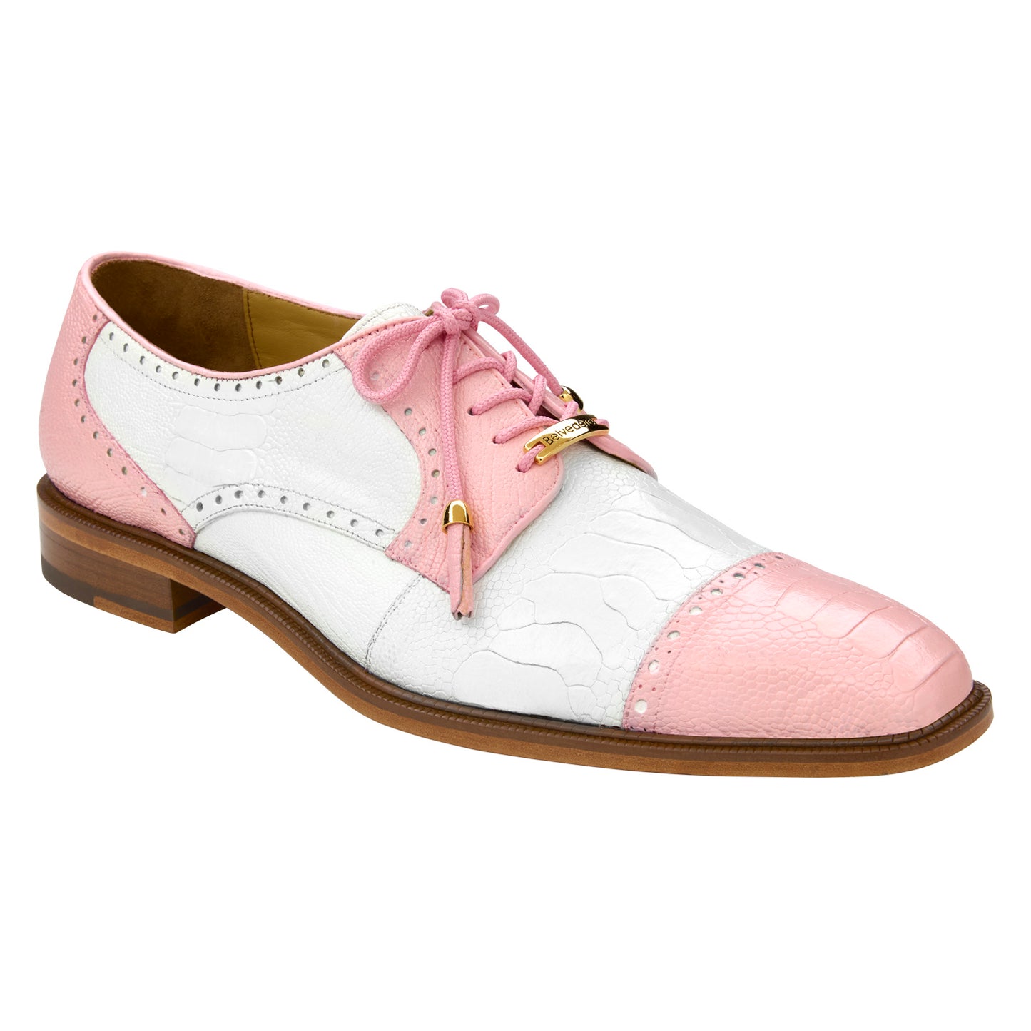 The BELVEDERE Belvedere - Batta, Genuine Ostrich Leather Dress Shoe (Pink/White, 14006) features a pink and white cap toe, lace-up oxford design with decorative perforations and a wooden sole, shown in a side view.