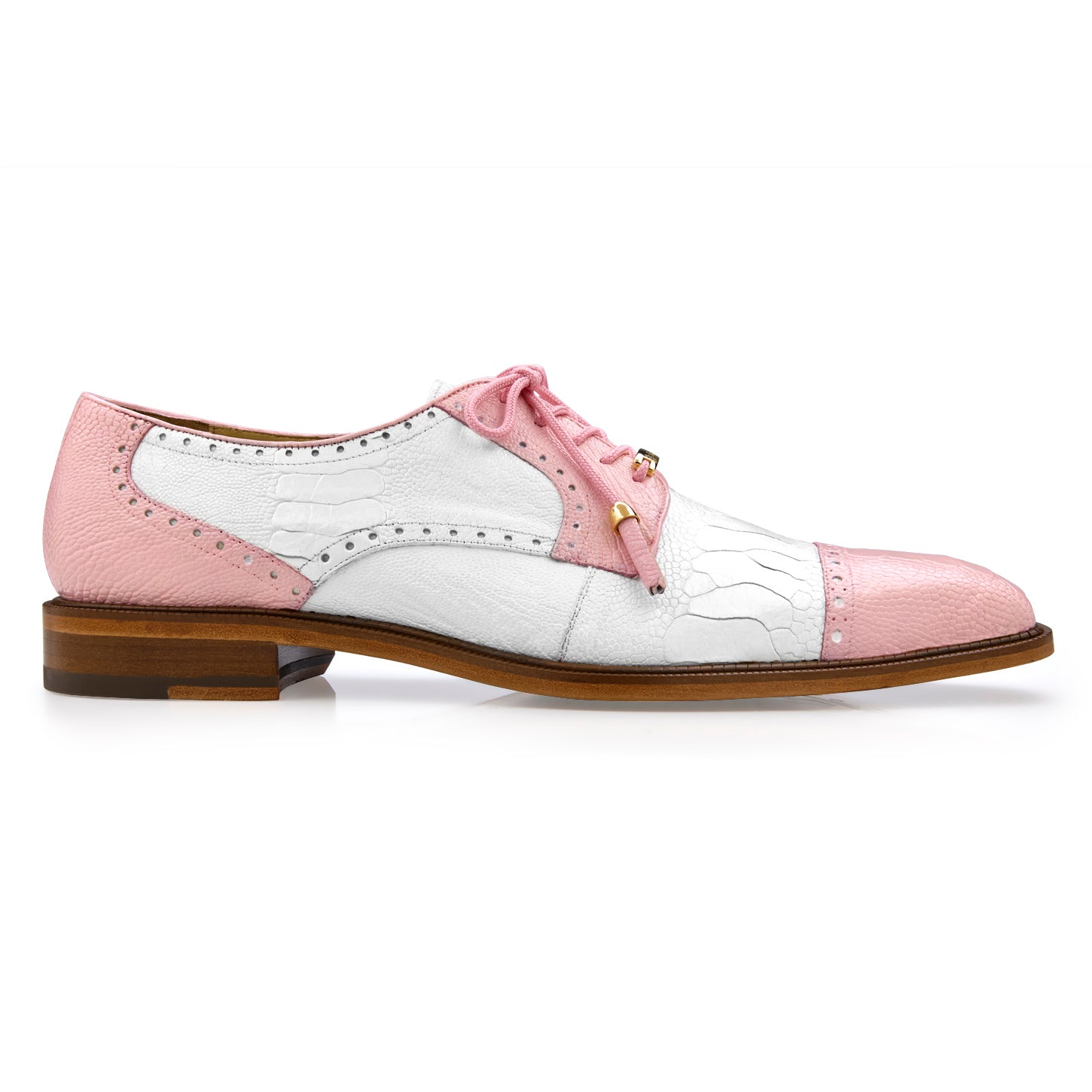 The BELVEDERE Belvedere - Batta, Genuine Ostrich Leather Dress Shoe (Pink/White, 14006) features a pink and white cap toe, lace-up oxford design with decorative perforations and a wooden sole, shown in a side view.