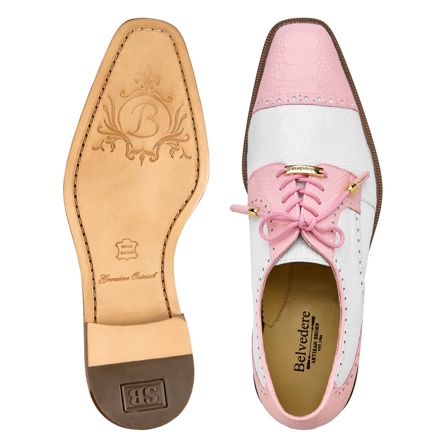 The BELVEDERE Belvedere - Batta, Genuine Ostrich Leather Dress Shoe (Pink/White, 14006) features a pink and white cap toe, lace-up oxford design with decorative perforations and a wooden sole, shown in a side view.