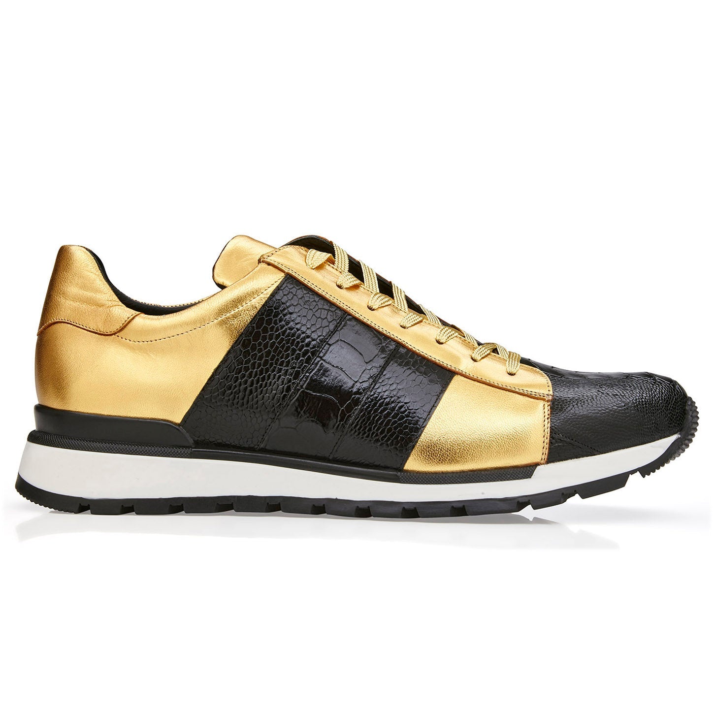 The BELVEDERE Belvedere - Blake sneaker in Black/Gold (33629) features genuine ostrich and Italian calf leather, gold accents, textured panels, a cushioned insole, and a white and black rubber sole; shown in profile on white.