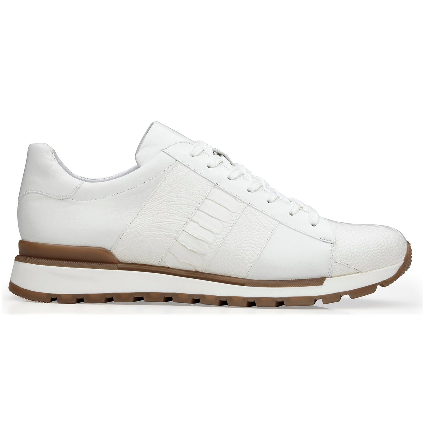 Side view of the BELVEDERE Blake sneaker in white, crafted from genuine ostrich and soft Italian calf leather with white laces, textured panels, and a brown and white rubber sole.
