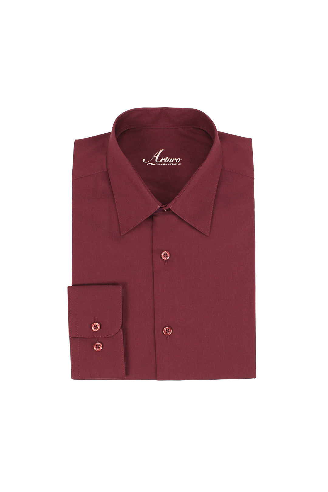 The ARTURO Modern Fit Long Sleeve Burgundy Dress Shirt by Arturo, crafted from a comfortable cotton blend with buttoned collar and cuff, is elegantly displayed on a white background. Available in sizes 4X to 6X.