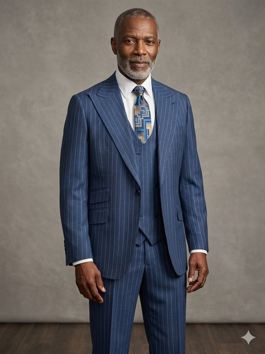 An older man with short gray hair and a beard, wearing the Tiglio Rosso Orvietto Blue Pinstripe Semi Wide Leg suit (TL26052) and a white shirt with patterned tie, stands against a plain gray backdrop.