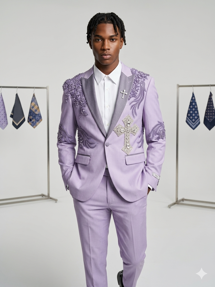 A man in a Unique Design Menswear custom prom suit in lavender with ornate cross embellishments stands before two racks of patterned neckties.