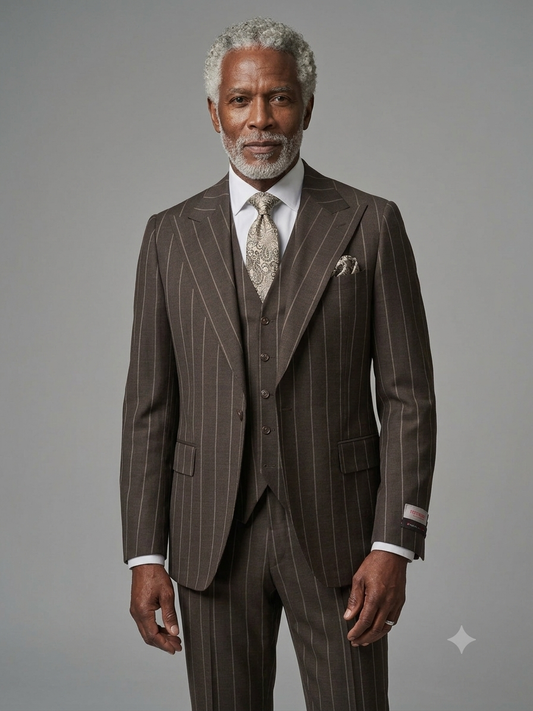 An older man with gray hair and a beard wears the Tiglio Rosso Bardolino Semi Wide Leg Suit TL9127 by Tiglio Rosso, featuring a brown pinstripe design. His look is complemented by a white shirt, patterned tie, and pocket square as he stands against a plain gray background.