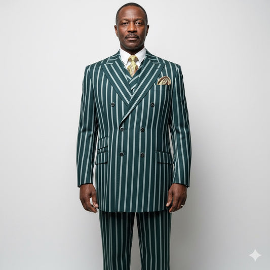 A mannequin wears the Tiglio Rosso DB Este Green Bold Stripe TL4123 suit (40R 52R only) by Tiglio Rosso, featuring bold stripes, a matching vest, white shirt, and patterned tie against a plain, dimly lit background.