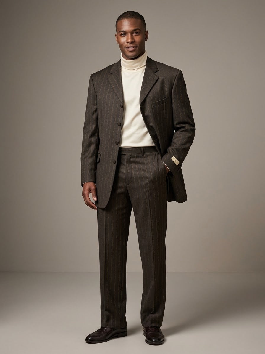 A Collezioni L’uomo Suit Brown jacket (40R ONLY) by Unique Design Menswear, featuring a dark pinstripe design with three buttons and three front pockets, is displayed on a hanger among other jackets in the store. Please note, this item is FINAL SALE with NO EXCHANGE or RETURN.