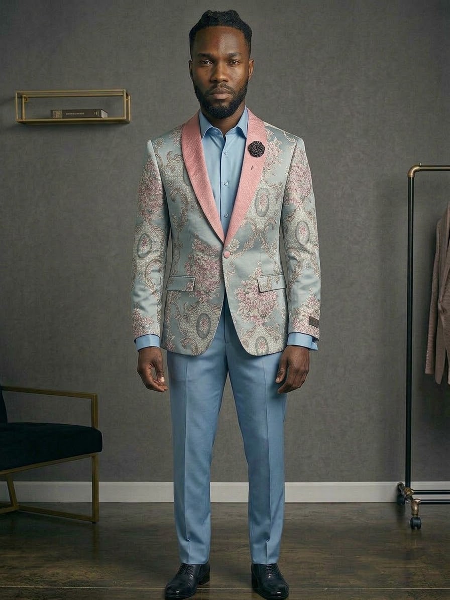 A man wears the EJ SAMUEL Jacket 20 Size 36 (Small)—final sale, no exchanges or returns. A chair and clothing rack are visible in the background.