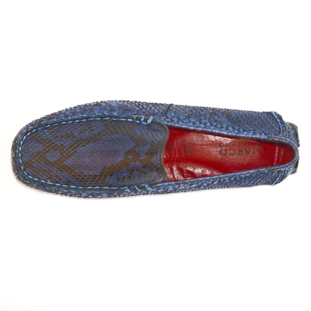 A pair of Capri Blue Jeans loafers by Marco Di Milano, crafted with a striking blue snakeskin texture; one shoe stands upright while the other lies on its side to reveal the black rubber sole—an elegant display of handcrafted luxury for those seeking exquisite exotic footwear.