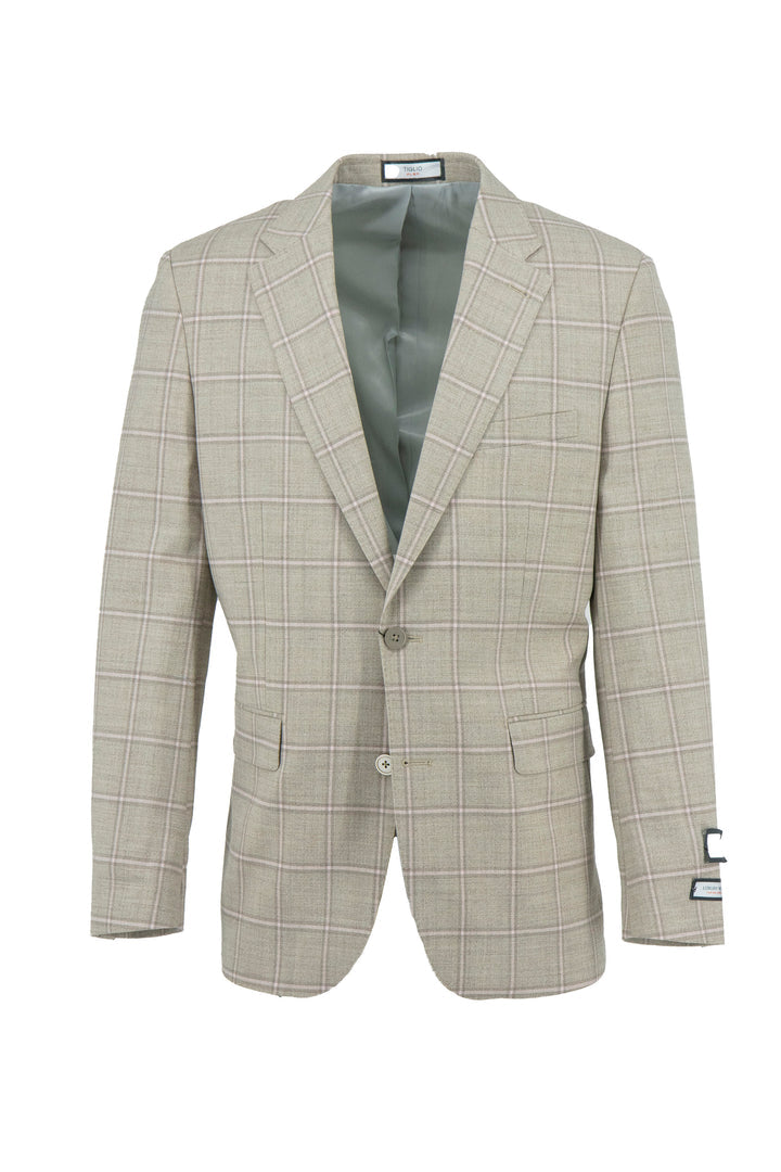 The Tiglio Luxe Flex Pistachio with Cream Windowpane Capri Jacket (WS8506) features a contemporary fit, single-breasted wool stretch design, front buttons, chest pocket, and two flap pockets for modern elegance in men's tailoring.