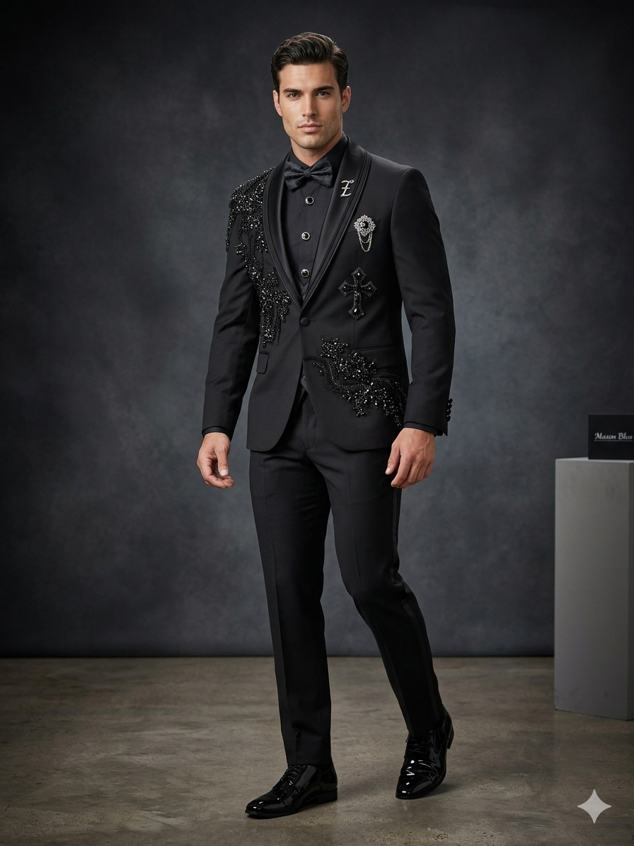 A man wearing the Unique Design Menswear custom prom suit in black and silver stands in a studio with a dark background.